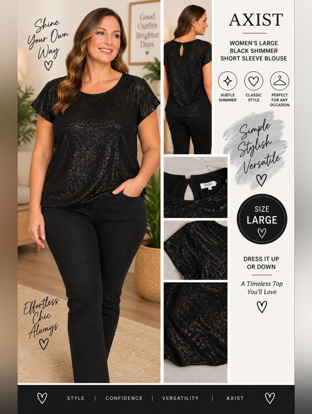Axis women's large black shimmer short sleeve blouse #30